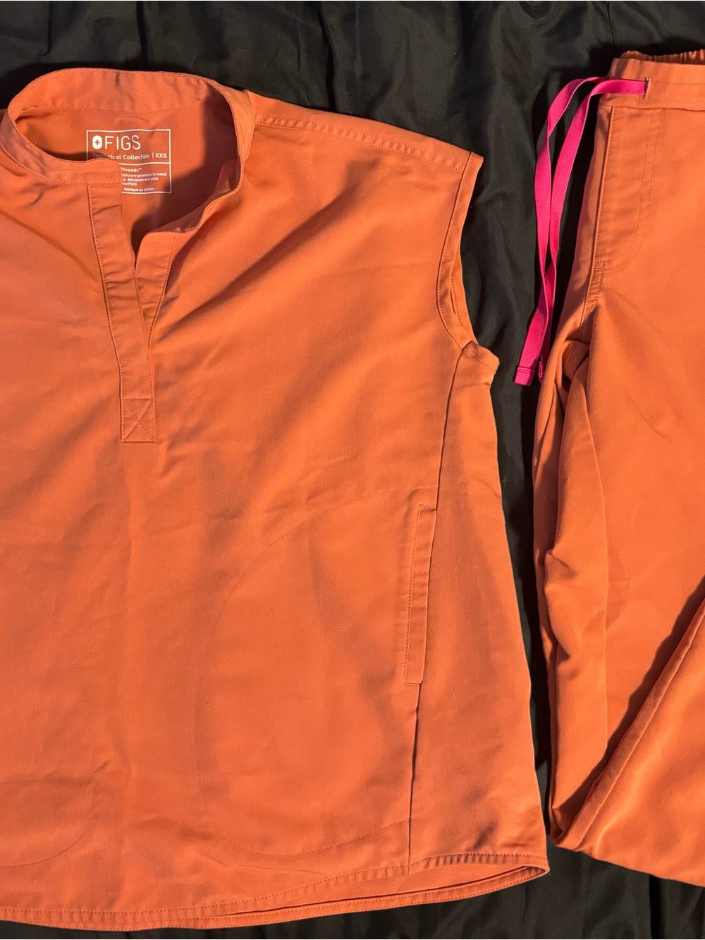 Figs Burnt Orange Short-Sleeve Split-Neck Top with Pink Drawstring Detail